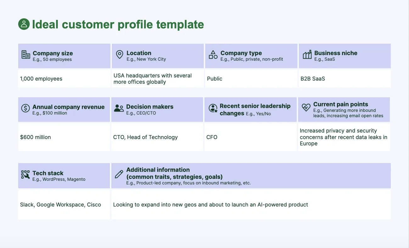 Ideal customer profile template detailing company size, location, type, revenue, decision makers, pain points, and tech stack.