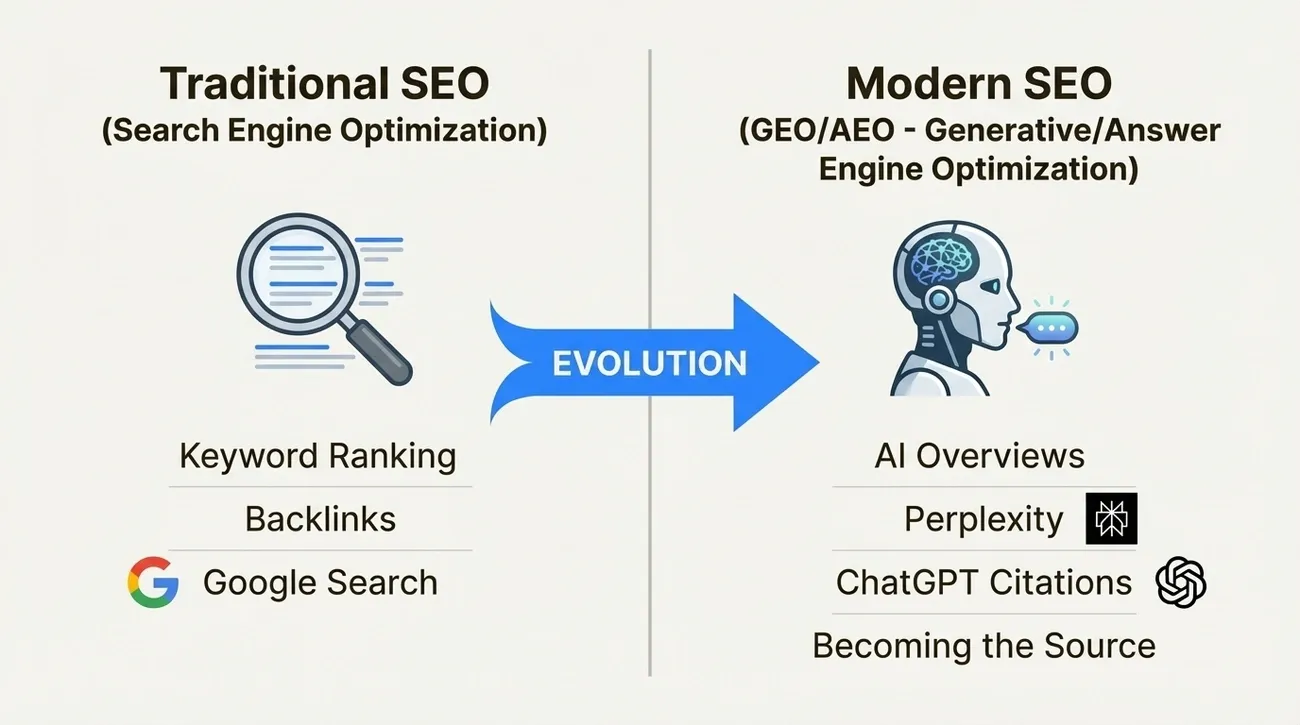 Comparison of traditional SEO focusing on keyword ranking and backlinks with modern SEO using AI overviews and ChatGPT citations.